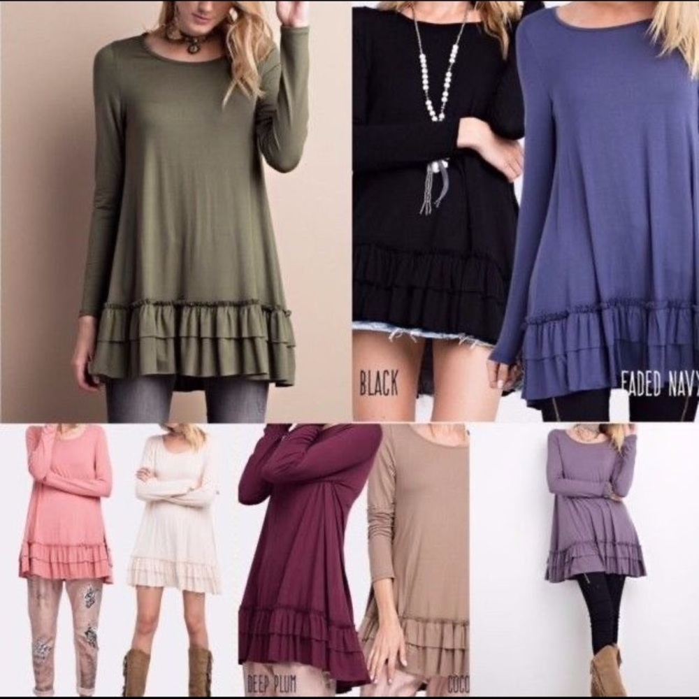 Easel Women's Ruffle Hem Tunic Top Long Sleeve